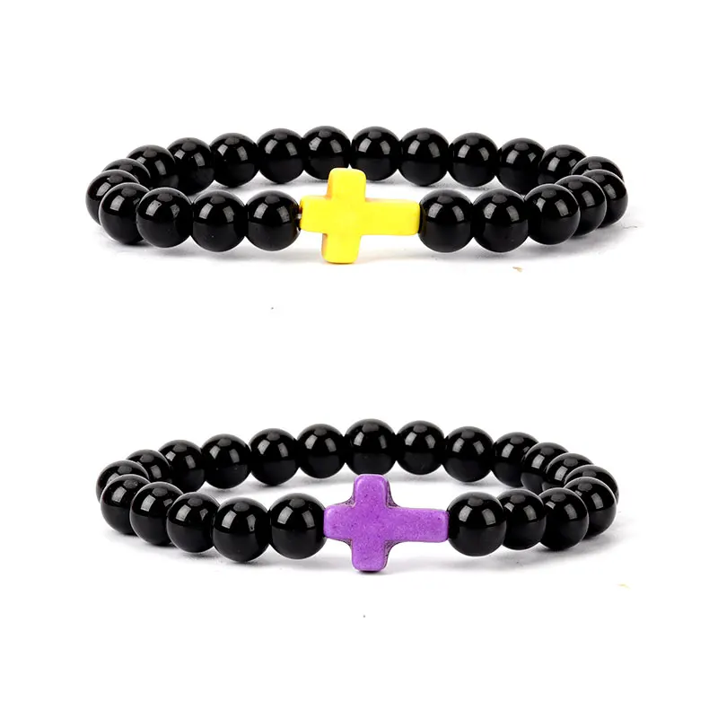 9 colors 8mm artificial crystal black light cross bracelet religious charm jewelry man woman handmade guard peace | Украшения и