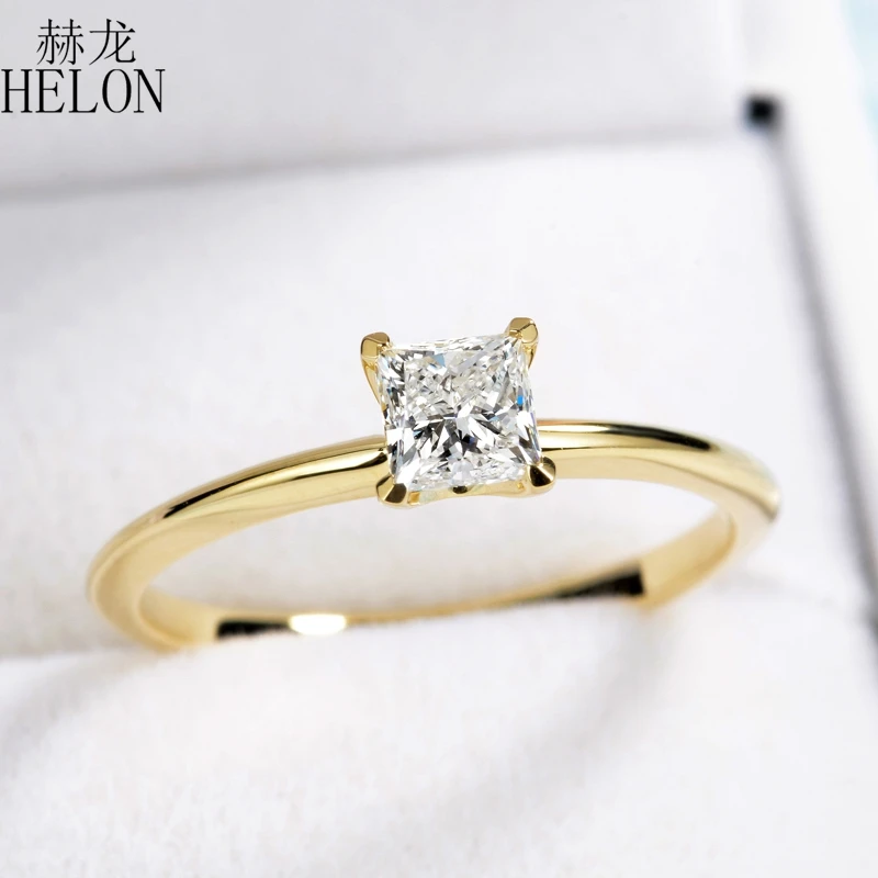 HELON 0.5ct Принцесса Cut F цвет Муассанит кольцо Твердое 14 К(AU585) желтое золото обручальное кольцо женские трендовые ювелирные изделия обручальное кольцо