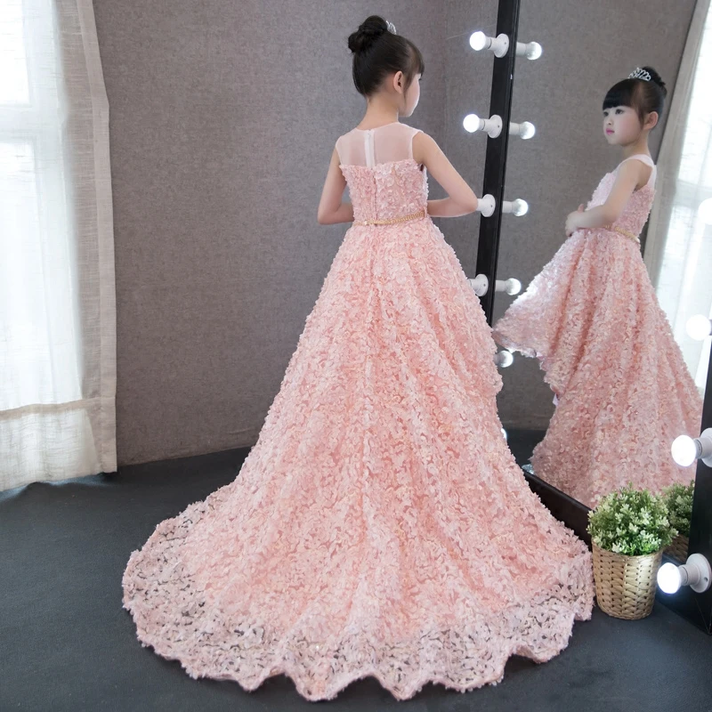 

Feather dress with long tail girl luxurious evening gowns bridal simple laceflower princess wedding birthday party beautypageant