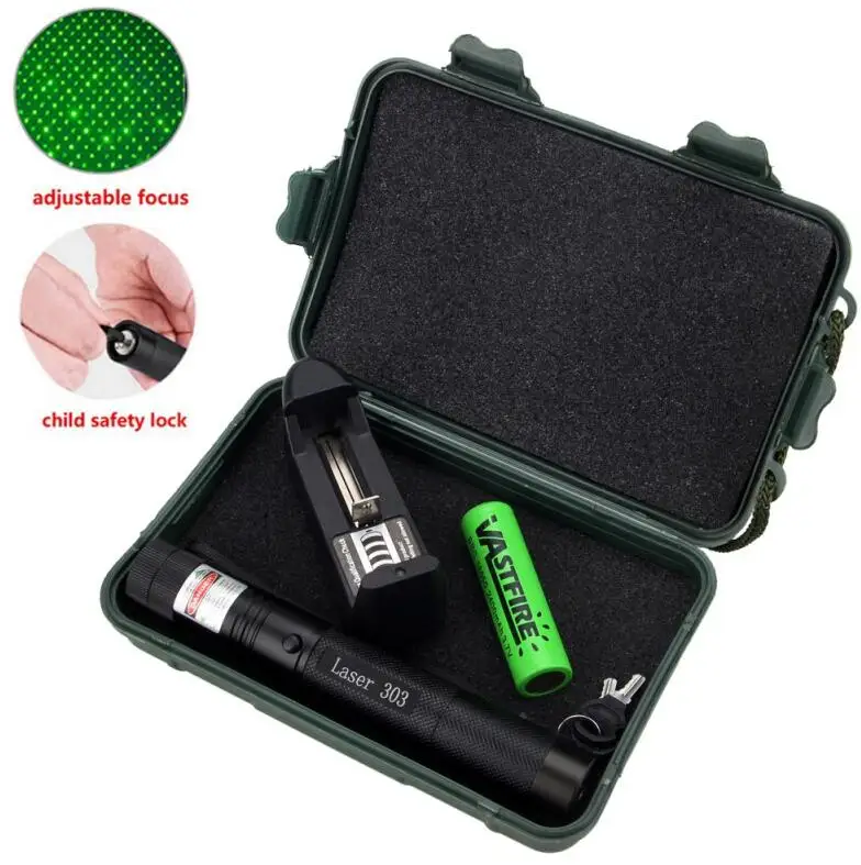 Whole Set (Green) 532 нм зеленый лазерный прицел для охоты лазеры указка мощное устройство Регулируемый фокус лазер с лазером 303+ зарядное устройство+ аккумулятор 18650+ коробка - Цвет: Whole Set (Green)