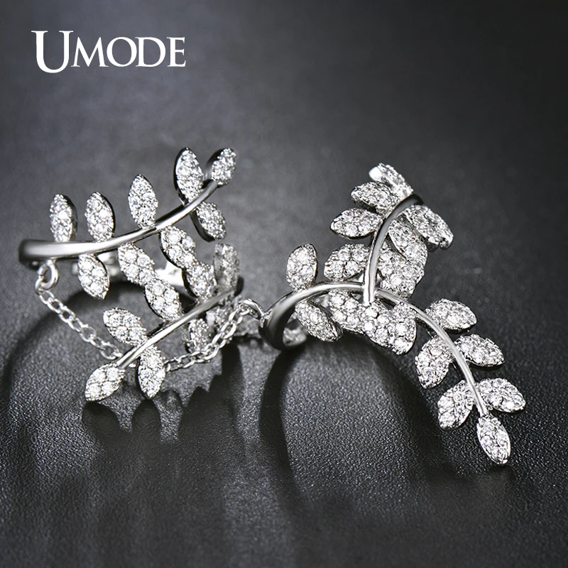 Umode олив бранч микро CZ белый позолоченные имитация два пальца с цепи украшения