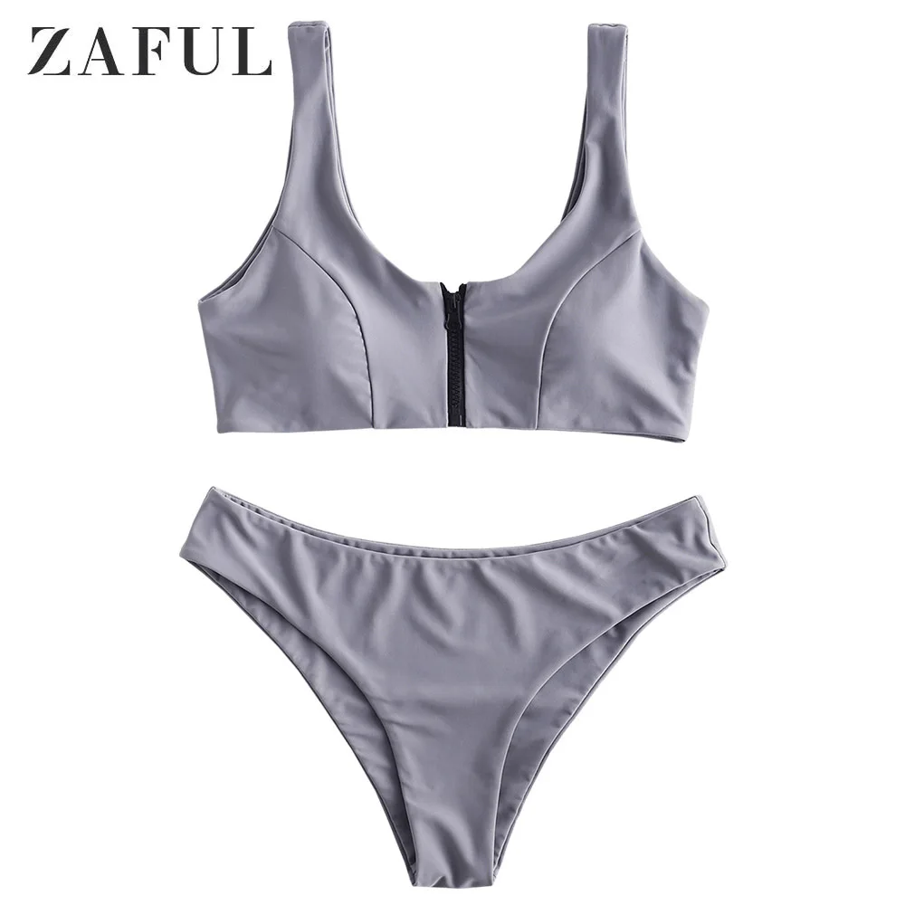 ZAFUL На застежке Tank Бикини Комплект Мягкий купальник Молнии Crop Top Твердые совок шеи Купальники Женщины Сексуальное Пуш Ап Купальник Бикини - Цвет: Gray Cloud