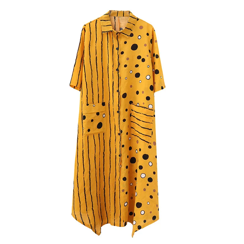 Хлопок лен размера плюс винтажное в горошек женское повседневное свободное