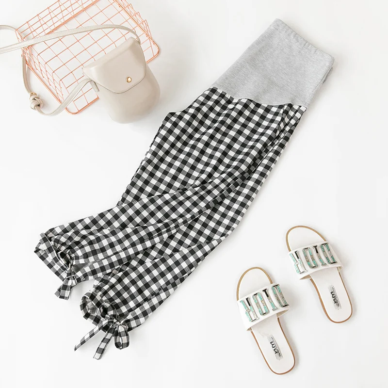 

Summer Clothes for Pregnant Women Fashion Grid Maternity Wide Leg Pant Pregnancy Casual Pants Loose Capris Harem Pants Bloomers