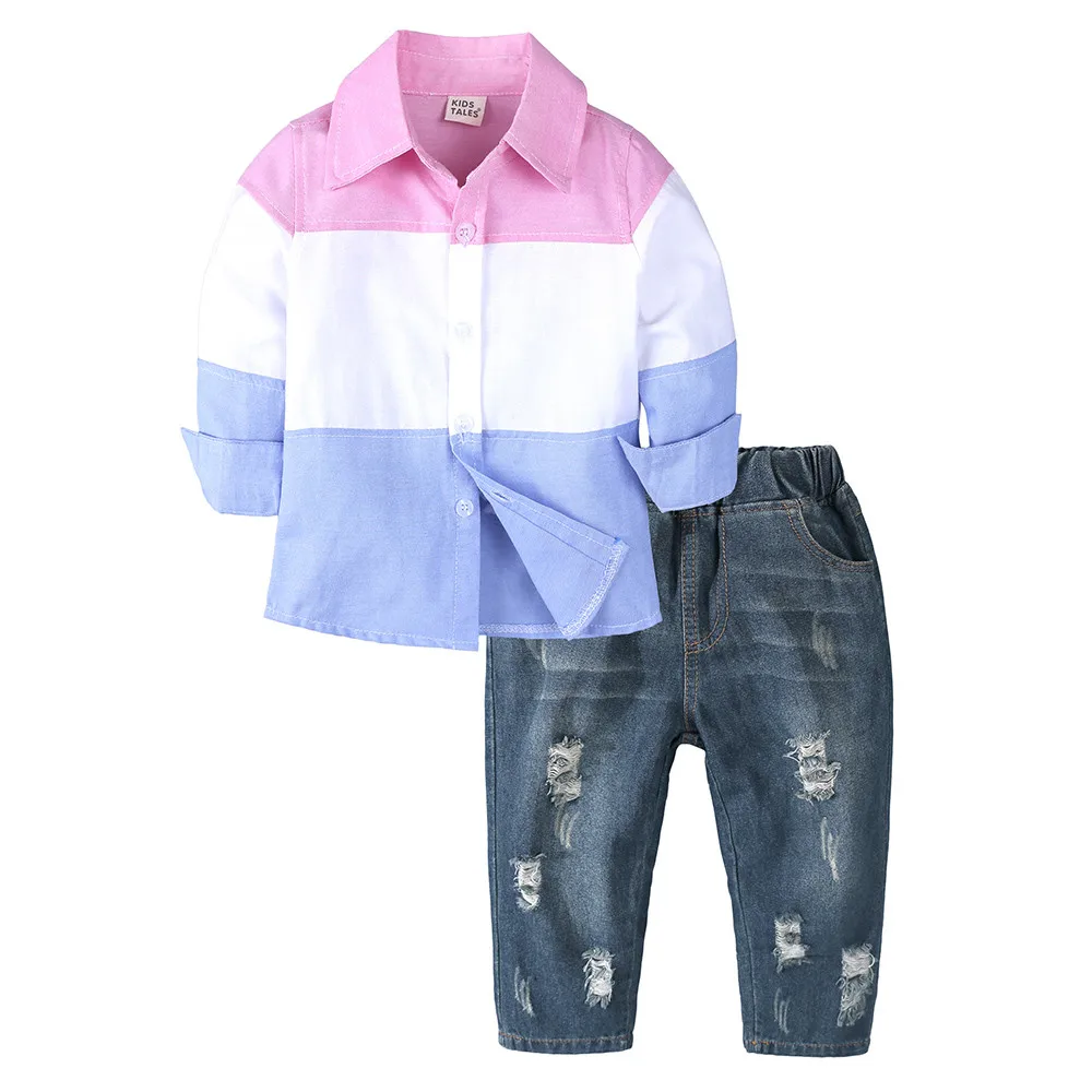 Toddler Infant Baby Boys Gentleman Striped Long Sleeve Rainbow T Shirt Tops Denim Hole Pants Set Outfits |