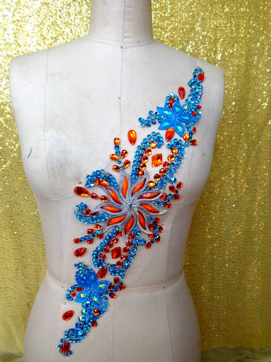 

A13 ручная работа, искусственный оранжевый/небесно-голубой цвет, пришивная аппликация 45*13 см для верхней юбки платья