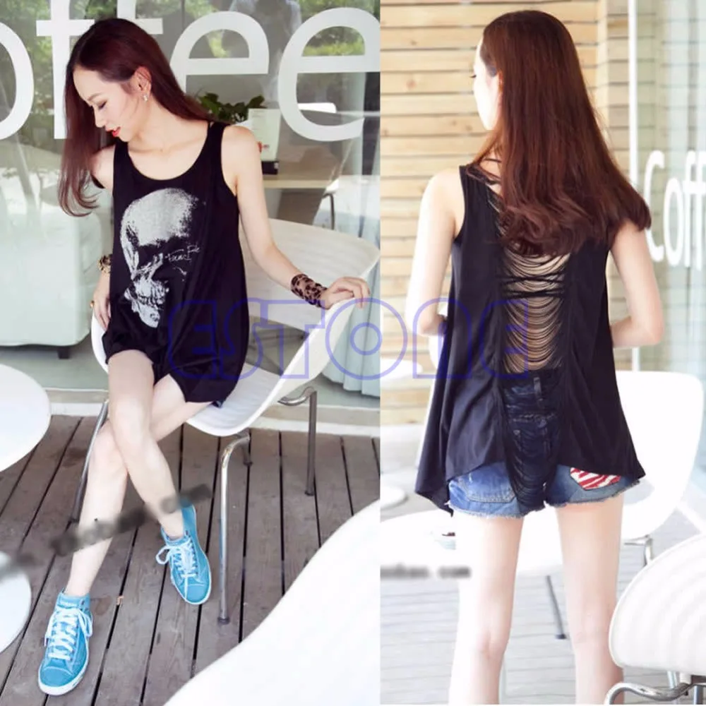 Модная готическая Сексуальная футболка с черепом и открытой спиной майка жилет в