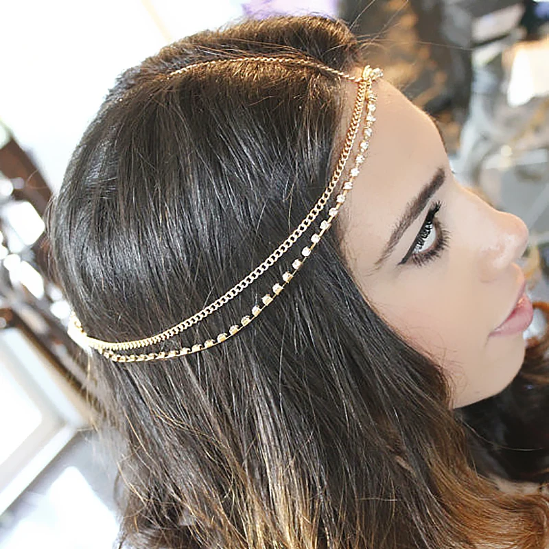 2015New Мода горный хрусталь головной убор золотая цепочка для ношения на голове