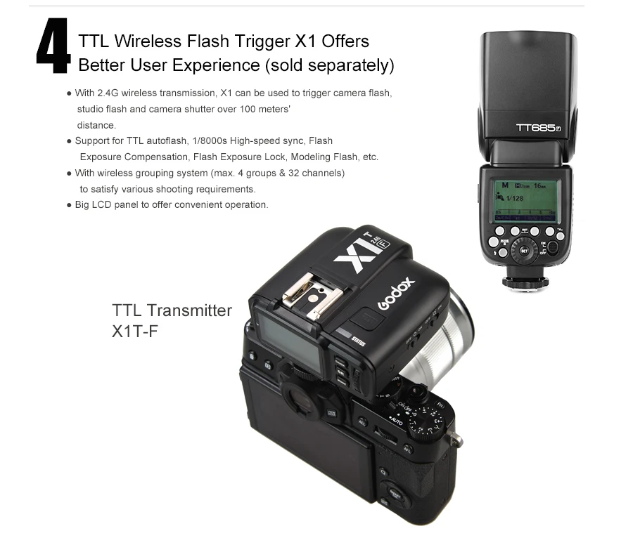Godox TT685F 2,4G HSS ttl GN60 Вспышка Speedlite+ X1T-F триггер передатчик Комплект для Fuji X-Pro2/X-T20/X-T1/X-T2