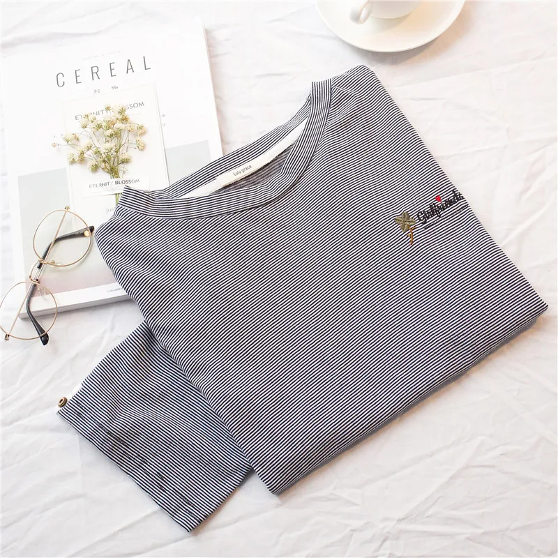 Summer New Embroidered Stripe T-shirt 2020 Women's T-shirts Japan Harajuku Ladies Ulzzang Female Korean Kawaii Tops For Women | Женская