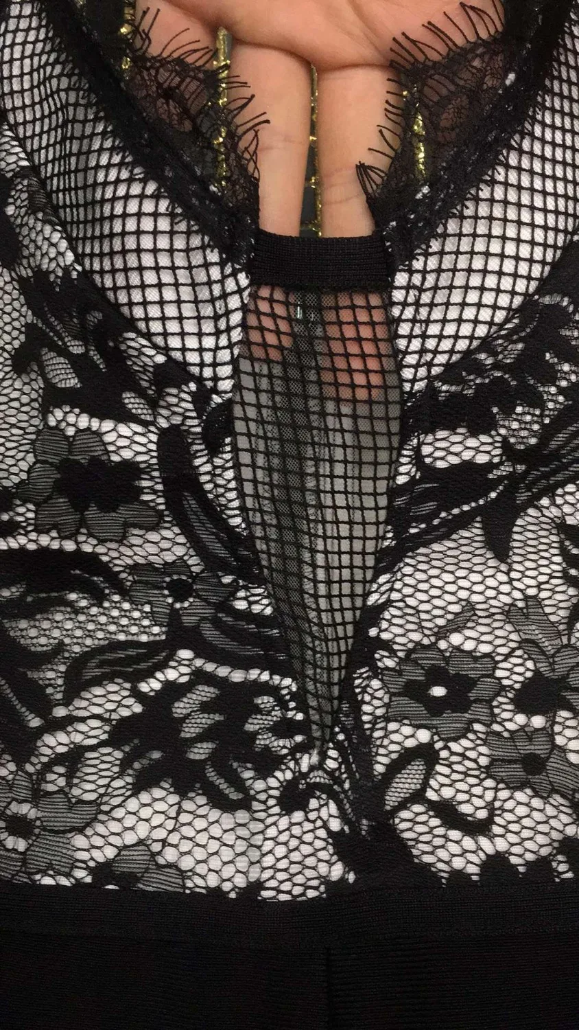 

High Quality Sexy Women Jumpsuit Sequined V-Neck Mesh Hollow Up Black Bandage Straight Full Jumpsuit Hot Sale