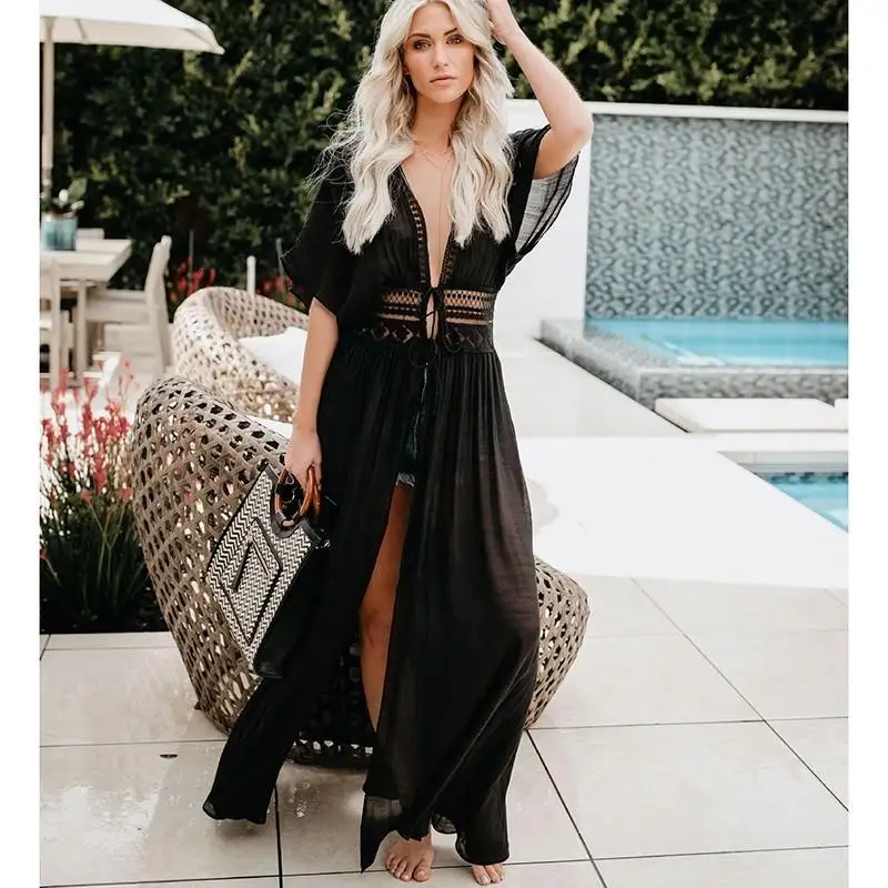 KHALEE YOSE Summer Beach Maxi Dress Holiday Casual Long Boho Dresses Crochet Tie Up Sheer Hippie Gypsy Sexy Chic Dress Women