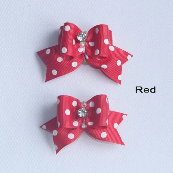 Red 1 пара бутик ручной собака волосы луки 10 Цвета Dot Pattern Pet аксессуары для волос с резинкой Украшенные стразами бантом - Цвет: Red