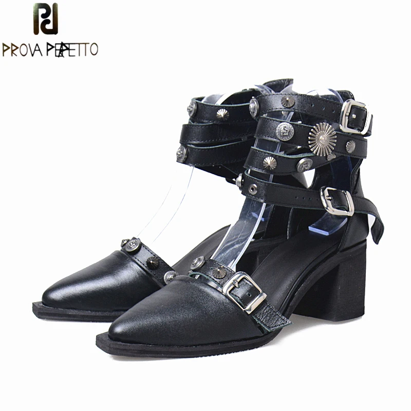 

Prova Perfetto Genuine Leather Metal Rivet Fasteners Studded Women Pumps Belt Buckle Ankel Strap Shallow Pointed Toe Ladies Shoe