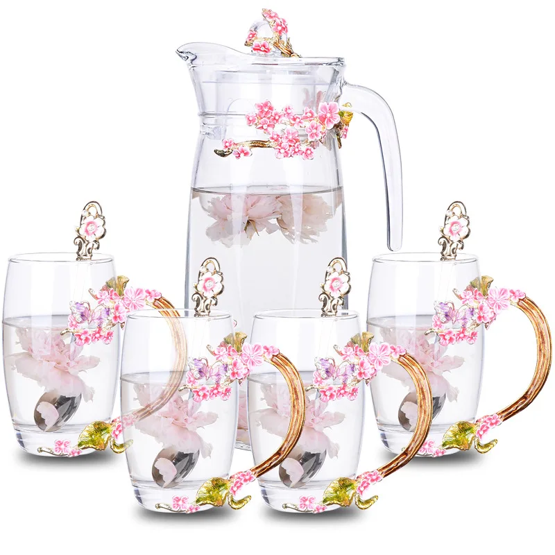 set with safe box Цветной эмалированный стеклянный чайник кофейные чашки бытовой цветочный чайник кружки для сока термостойкая посуда для напитков подарки другу - Цвет: set with safe box