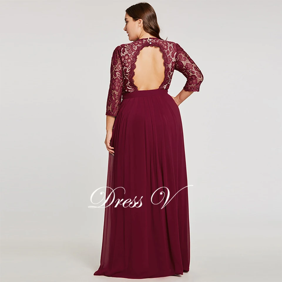 Dressv бордовое вечернее платье с глубоким вырезом, элегантное платье с 3/4 рукавами, а-образная линия, на пуговицах, свадебное вечернее платье, кружевное вечернее платье es