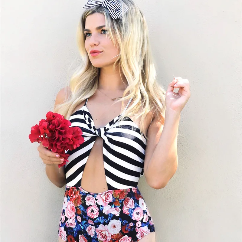 Цельный купальник 2020 женский пляжный с цветочным принтом и полосками зебры топы