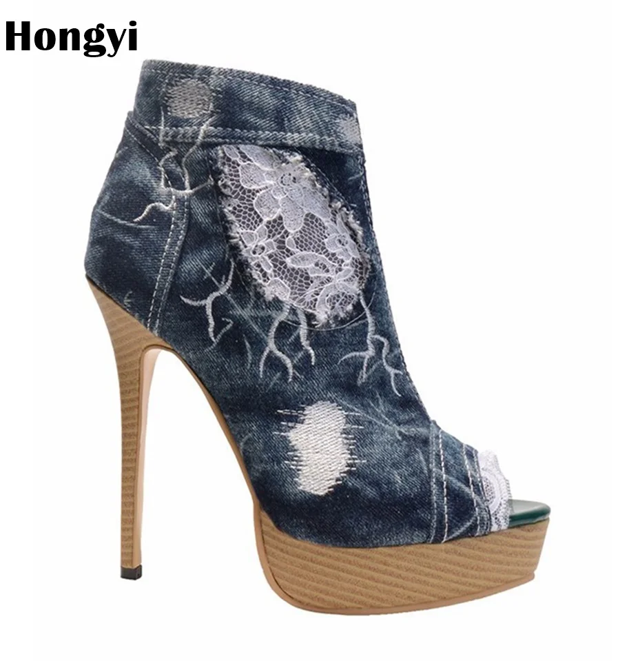 

Hongyi Platform Heels Women Ankle Boots Denim Lace Jeans Thin high Heel Platform Boots Spring Autumn Boots Plus Size
