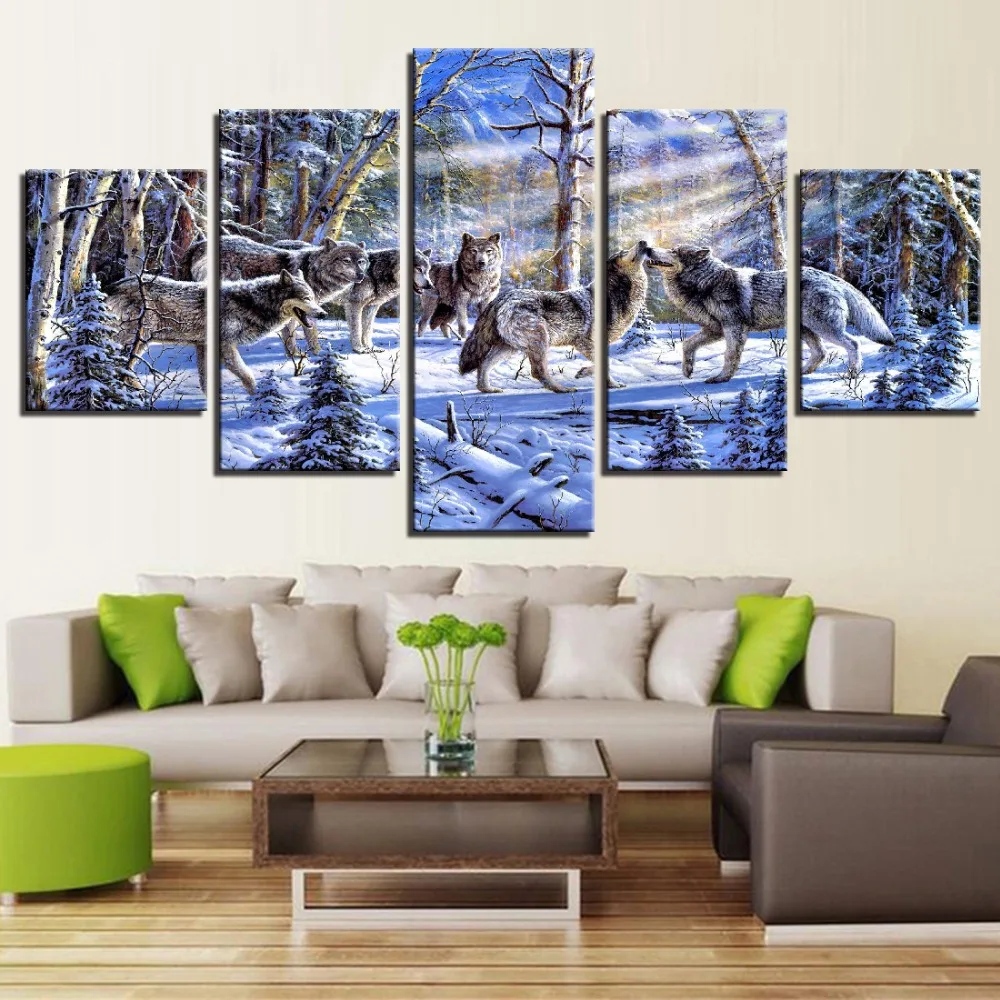 Canvas Painting Modern Art Wall Decoration Frame Modular Pictures Landscape Oil 5 Panel Animal Wolfs in the Forest | Дом и сад