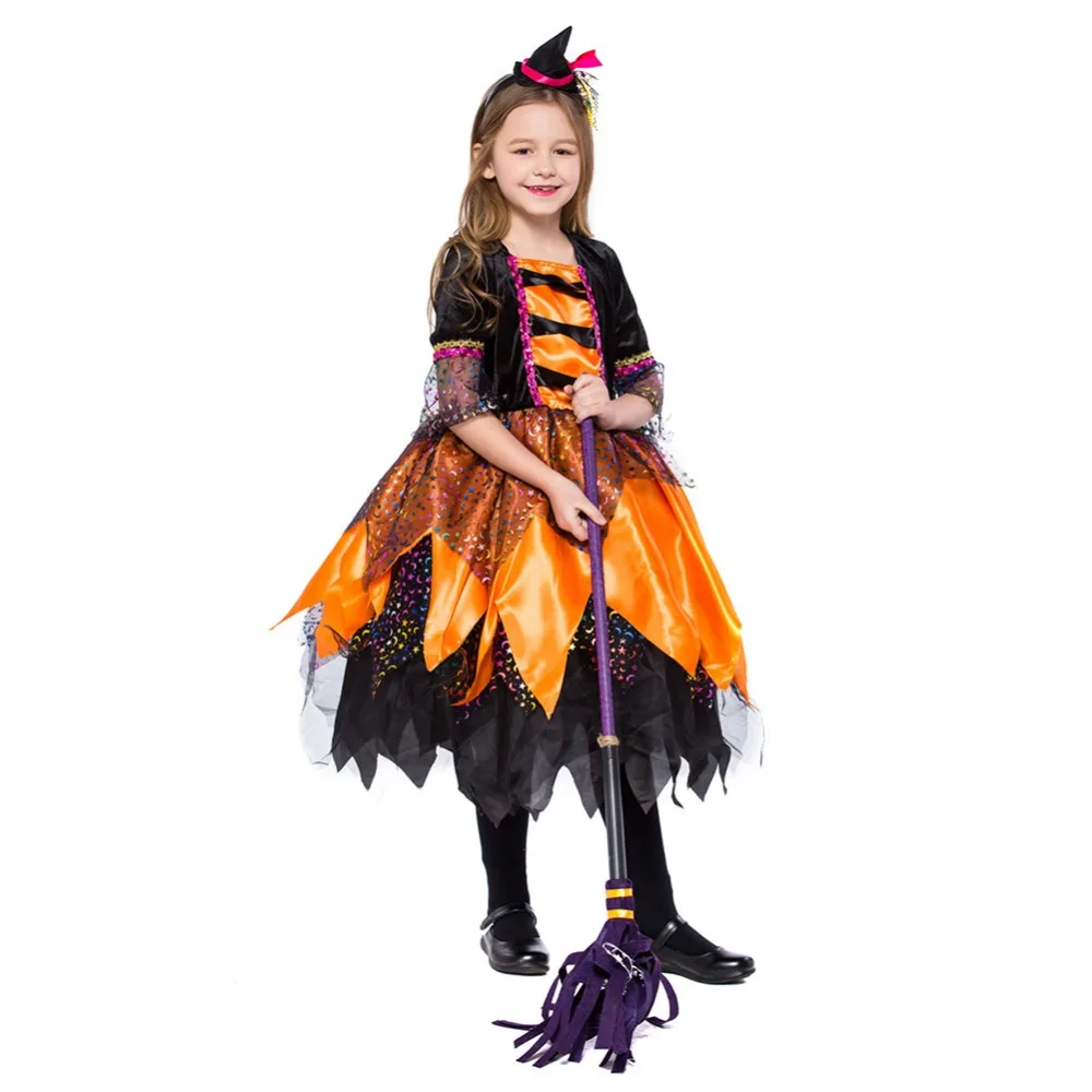 

Halloween Orange Little Witch Costume Dress Suit children girls