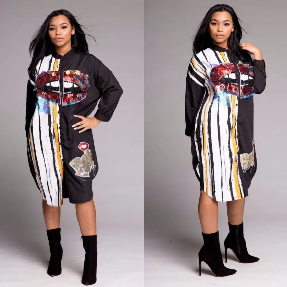 Женское платье с блестками OMILKA красное принтом губ и длинным рукавом круглым