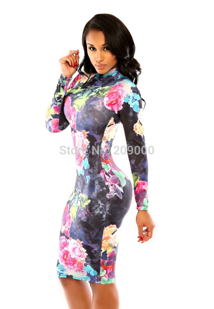 Hot-selling New Fashion Style Colorful Flower Print Bandage Dress knee-length Full Sleeve O-neck | Женская одежда