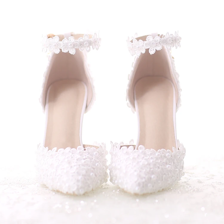 2017 The New Pearl White Lace Wedding Shoes with Fine Pointed Bride Dress High 7cm Two Type Women's Shoe Pumps | Обувь