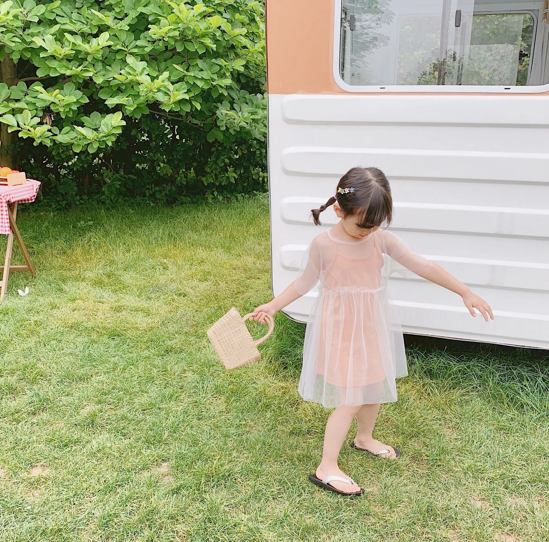 Summer Korean style sleevless solid color slip dress + mesh smock 2pcs suits for cute girls fashion casual dresses | Детская одежда и