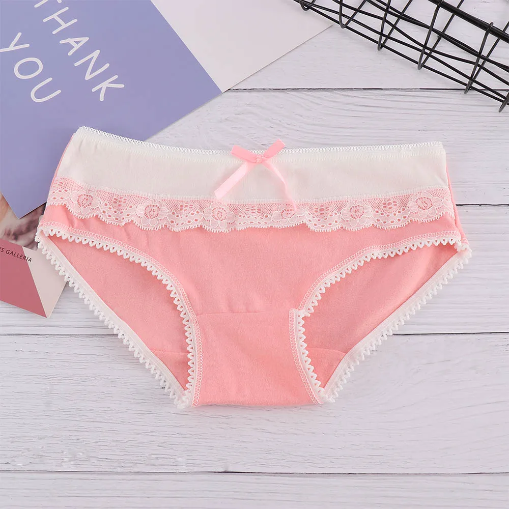 

Lace Women Seamless Cotton Panties Female With Bow For Young Fashion Cute Pink Green Candy Color Summer Short Ladies Panties