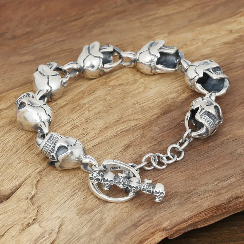 

FNJ панк большой череп браслет серебро 925 Ширина 13 мм 23 см оригинальный чистый S925 тайский серебряный браслеты для мужчин ювелирные изделия