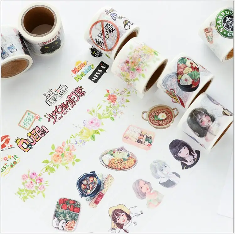 

40mm Fresh flower coffee Food Watercolor Girl Accessories cartoon cat Decoration washi tape DIY Planner scrapbookin masking Tape