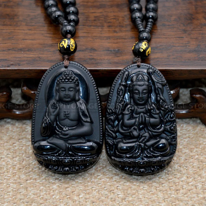 Китай высокое качество натуральный черный обсидиан резной амулет Будды на удачу