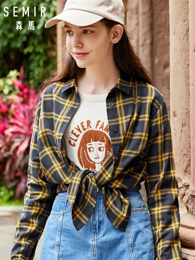 Рубашка SEMIR Женская тонкая с длинным рукавом клетчатая Студенческая блузка в