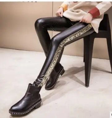 gold leggings Shikoroleva женские леггинсы с блестками по бокам, штаны из искусственной кожи, женские Стрейчевые джеггинсы с высокой талией, плюс 8XL 7XL S, золото, серебро - Цвет: gold leggings