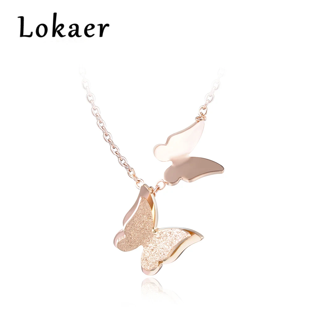 Lokaer модные титановые стальные милые двойные летающие серьги в виде бабочек и кулон ожерелье наборы мода животных комплект ювелирных украшений для женщин