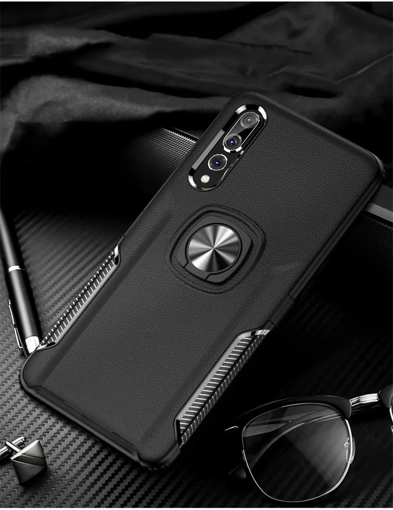 black Магнитный металлический кольцевой кронштейн чехол для huawei P20 Pro P30 Lite Роскошный ПК кожаный чехол для Y9 Prime Nova 3 3i 4 P Smart Plus - Цвет: black