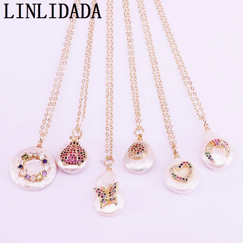 

10PCS, Mix Random, rainbow cz micro pave gold color charm freshwater pearl bead pendant necklace