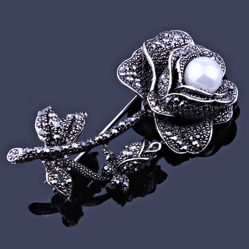 

Exquisite Full Rhinestones Rose Flower Brooches Pin Up Jewelry For Women Suit Hats Clips Antique Silver Corsages Brand Jewelry
