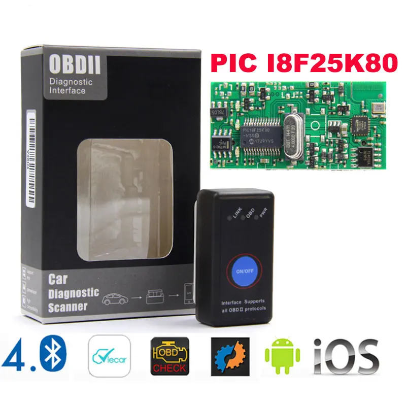 With 25K80 Мини ELM 327 Bluetooth 4,0 с выключателем питания 25K80 ELM327 V1.5 OBD2 Интерфейс сканирующий инструмент для IOS Android - Цвет: With 25K80
