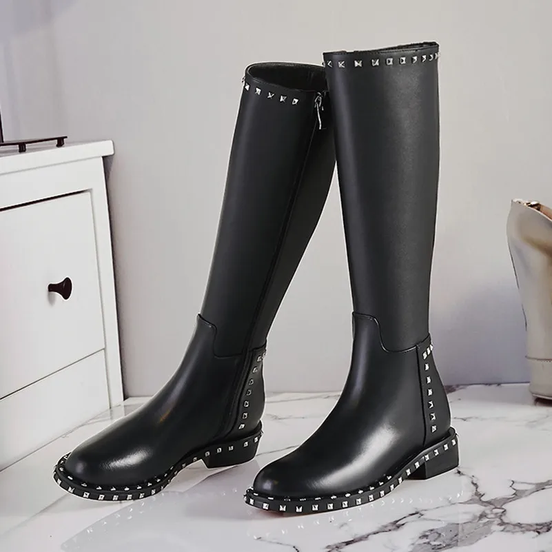 Женские сапоги с заклепками Meotina осенне-зимние до колена из натуральной кожи на
