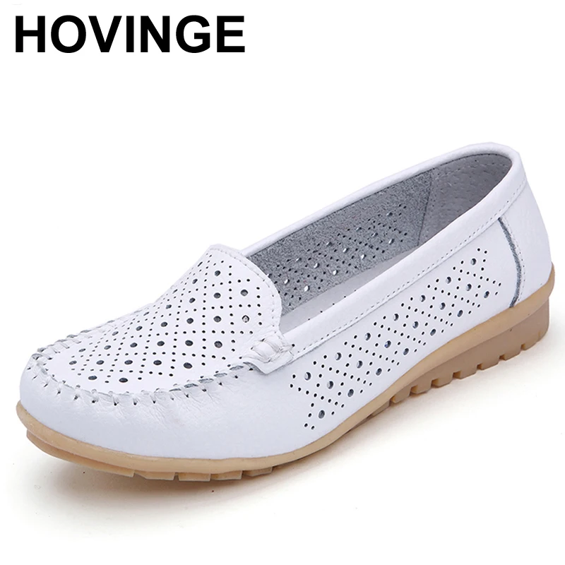 HOVINGE Spring women flats shoes genuine leather woman cutout loafers slip on ballet ballerines C061 | Обувь