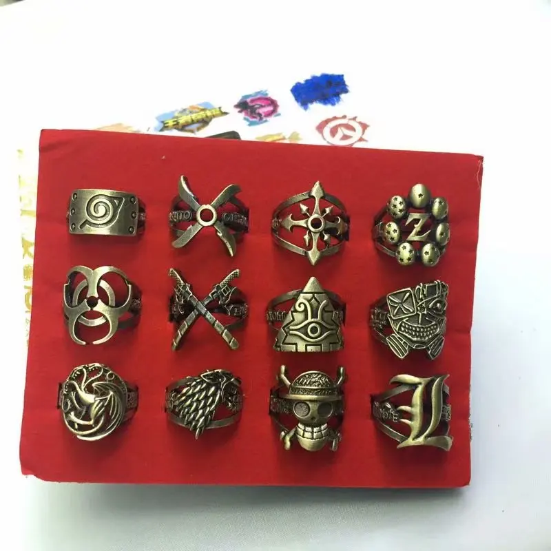 12pcs Mix model A Наруто Ю-Ги-о! Death Note Пожиратель душ меч искусство онлайн Токийский вурдалак атака на Титанов цельное модное кольцо пирсинг набор модель - Цвет основного камня: 12pcs Mix model A