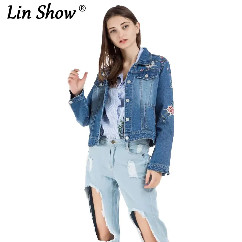 Linshow цветочный Вышивка Весна джинсовая куртка новинка 2017 года Повседневное