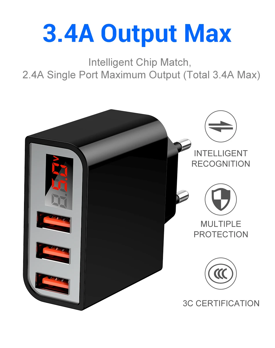 3.4A/5 V USB Зарядное устройство светодиодный ЕС адаптер 3 Порты и разъёмы телефон зарядное usb-устройство для iPhone/samsung/Xiaomi стены дорожное быстрое зарядное устройство зарядка для айфона зарядка
