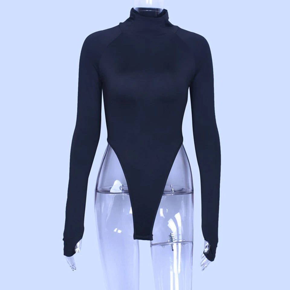 

Sexy Turtleneck Black Bodysuit Stretch Thong Bodysuit Long Sleeve Women Romper Bodycon Jumpsuit High Cut Green Orange Bodysuit
