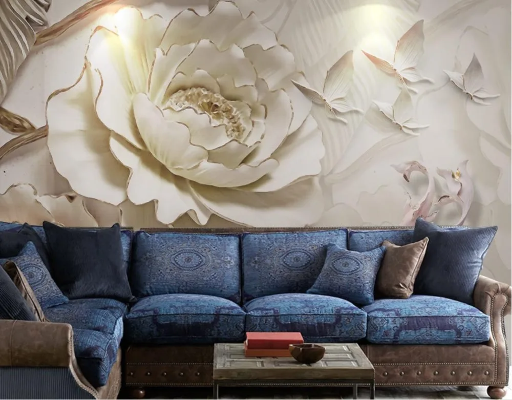 Фотообои 3D с изображением рельефного цветка для стен гостиной и спальни.