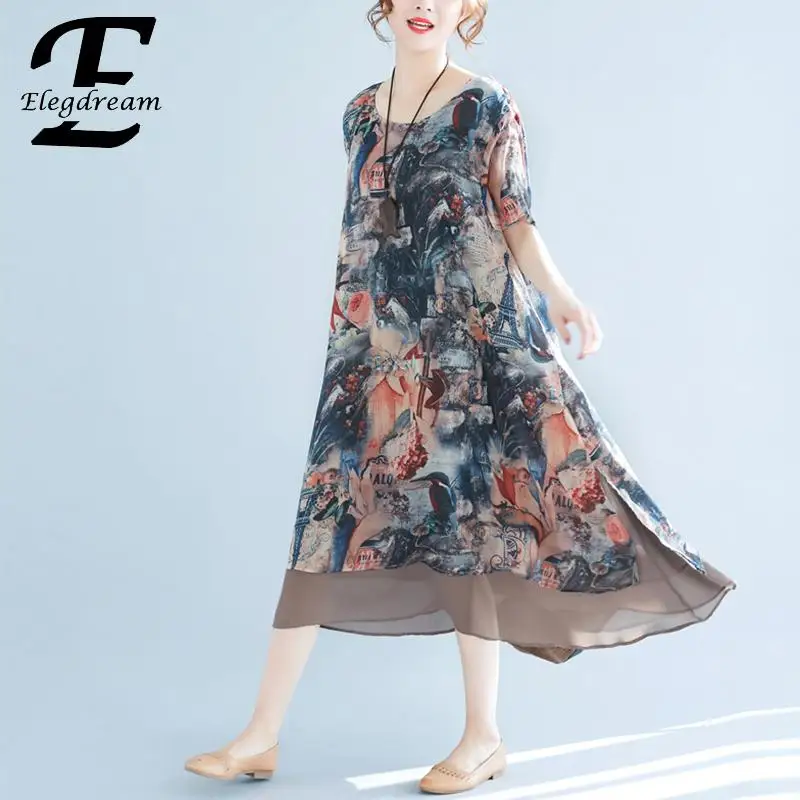 Elegdream Большие размеры модное женское летнее платье с принтом Повседневная
