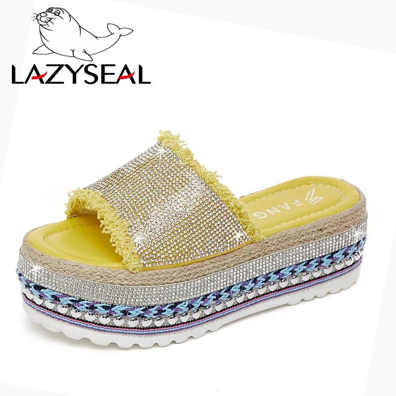 LazySeal шлепанцы на танкетке; женская новая летняя пляжная обувь; женские вьетнамки на массивном каблуке; новые женские блестящие шлепанцы без задника - Цвет: Yellow