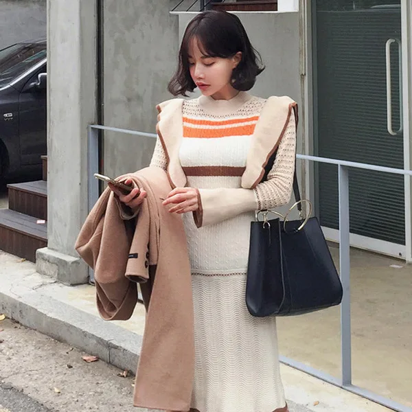 Debowa Spring Women Knitted Sweater Dress Ruffles Package Hip Bottom Contrast Color Elegant Flare Sleeve Office Lady | Женская одежда