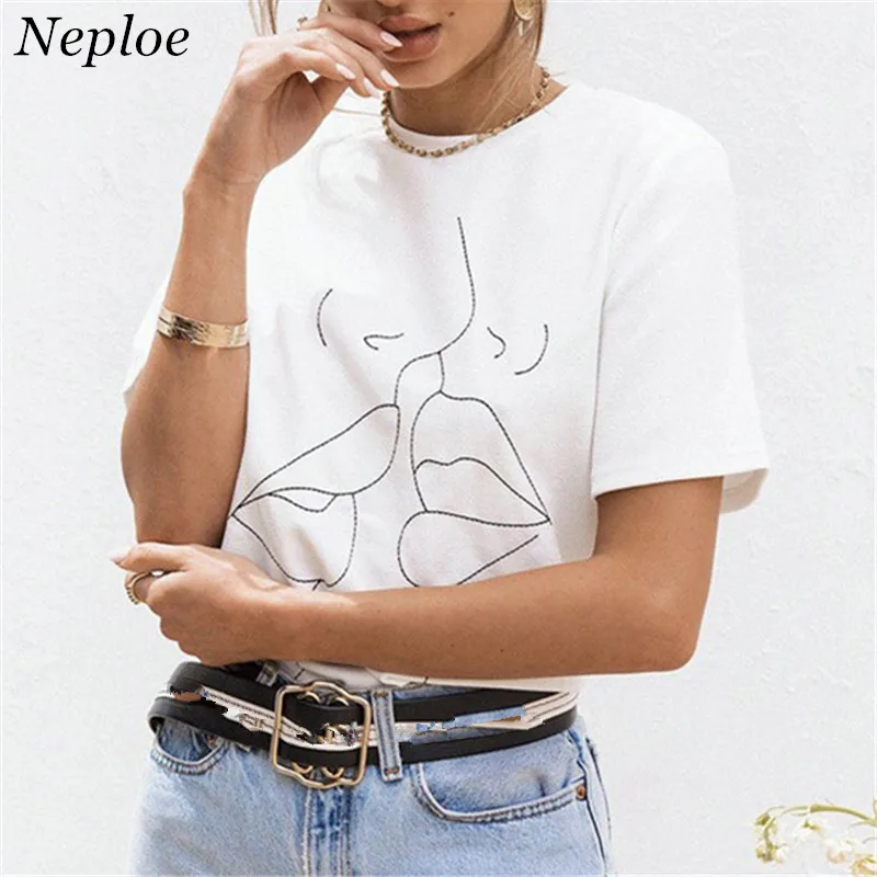Neploe 2019 Новая летняя футболка с принтом губ круглым вырезом и коротким рукавом